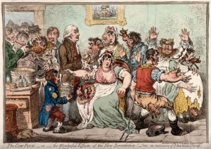 1802 cartoon of Dr Jenner vaccinating patients, some of whom develop features of cows [Courtesy of the Wellcome Collection]