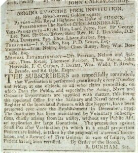 An 1809 advert offering free smallpox vaccinations